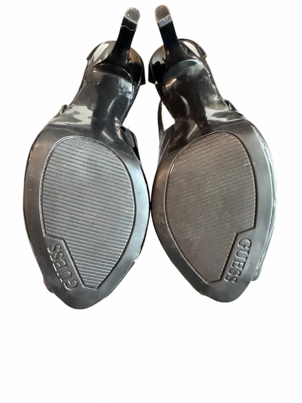 GUESS Black Patent Peep-Toe Slingback Platform Heels